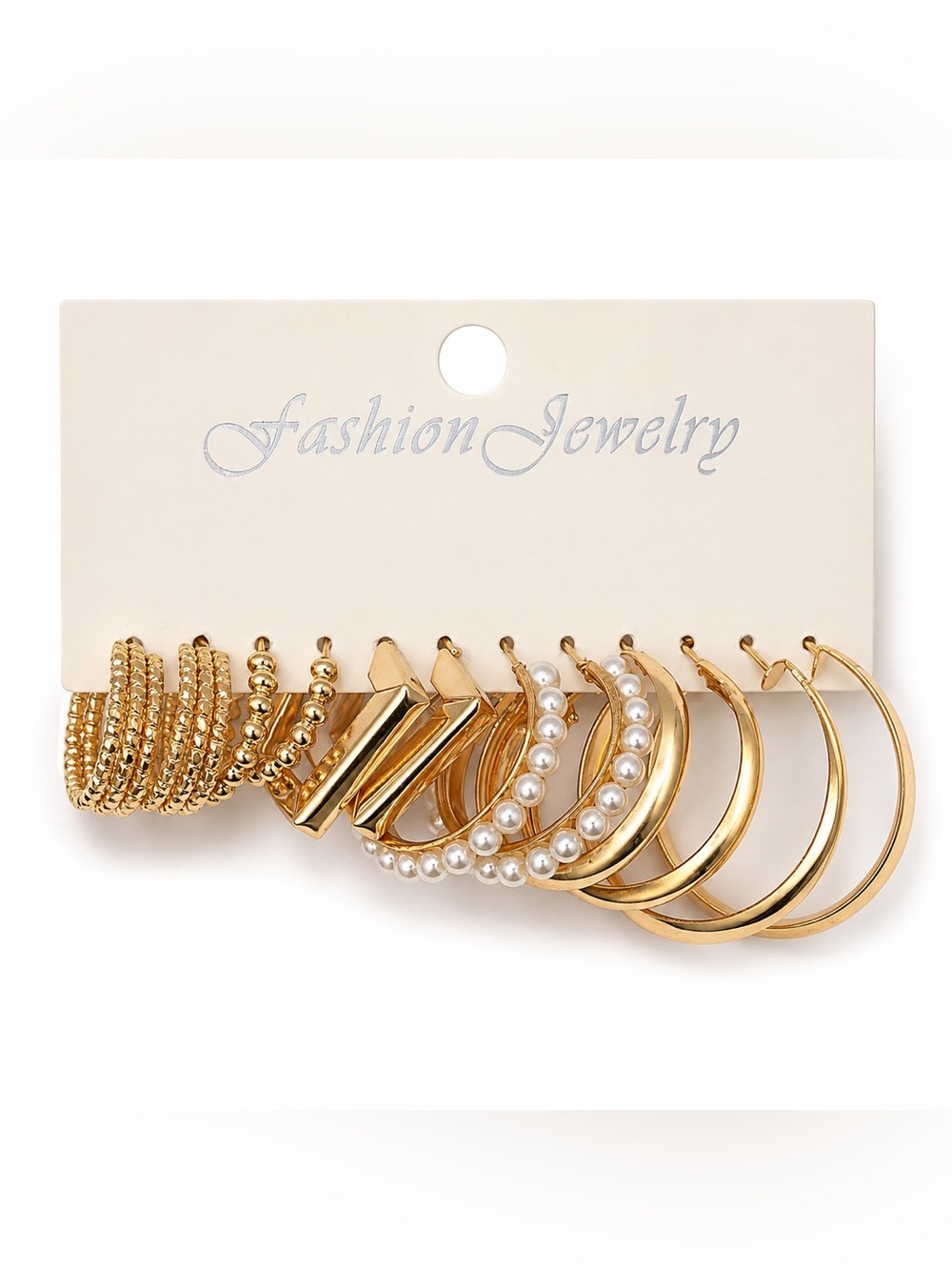 6 Pair Gold Tone Hoop Earring Set Pearl Chunky Statement NWT